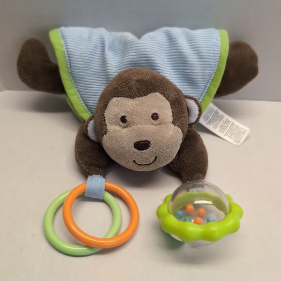 Carter's Monkey Crib Toy Plush Baby Rattle Teether Hanging Blue Green Brown - Picture 2 of 14
